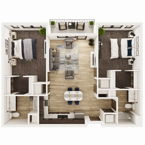 Floor plan for 2 beds, 2 baths, 1040 sqft